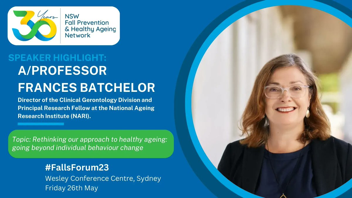NSWFallsNetwork's tweet image. #FallsForum23 
Don't miss out on a great opportunity to hear from A/Prof @fbatchy on how policy-level changes, environmental changes and community-based initiatives can be used to support #healthyageing and #preventfalls.

Event tix: buff.ly/3mCY7Oi 
@NAgeingRI @Melb_ARC