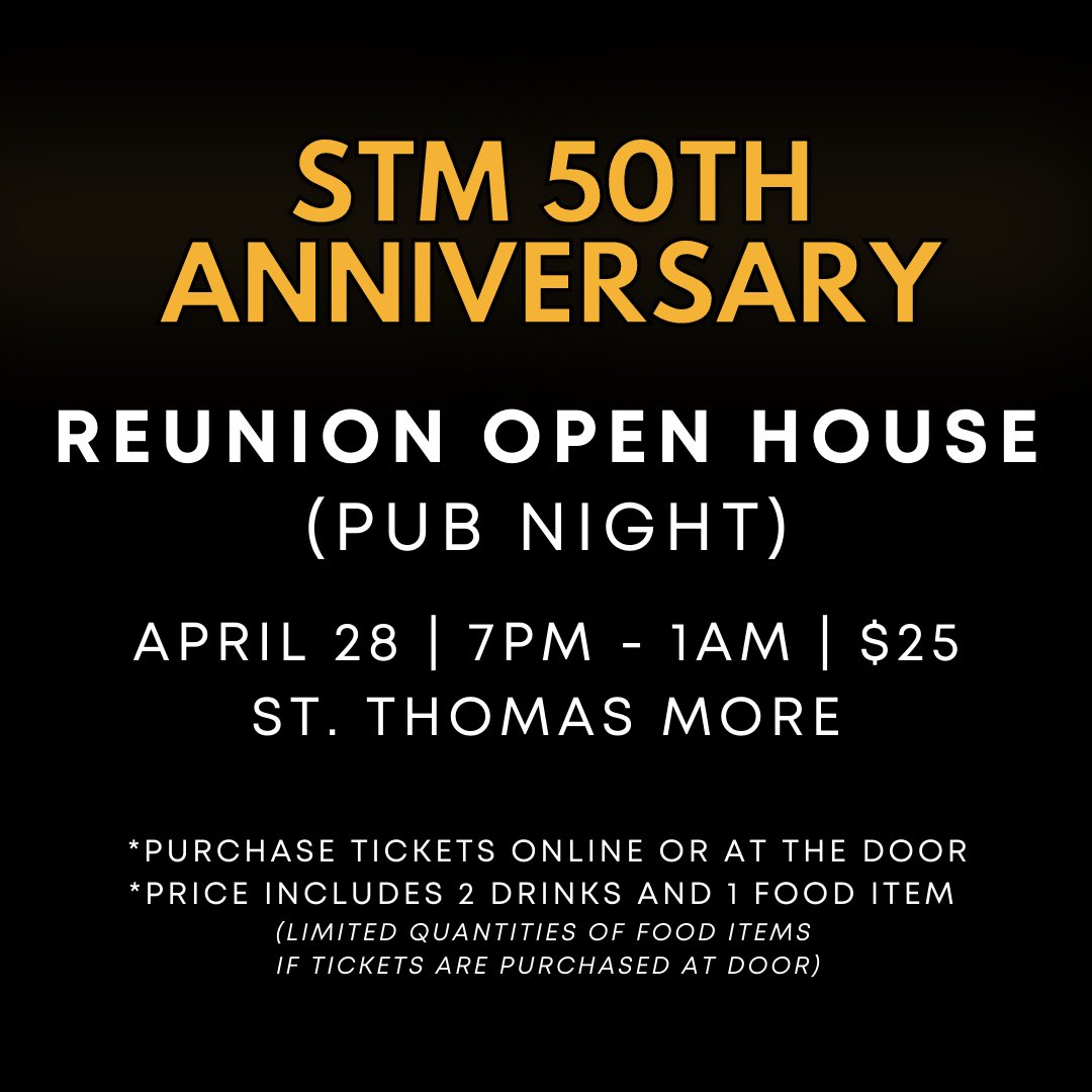 stmcssalumni's tweet photo. ⚔️ PURCHASE YOUR REUNION OPEN HOUSE TICKETS

It’s not too late to purchase your tickets to the Reunion Open House (Pub Night) for this Friday at STM from 7pm-1am.

⚔️ Tickets are $25 (https://t.co/SbQiQds2b1). All tickets include 2 drinks and 1 food item. https://t.co/UQq167RRWY