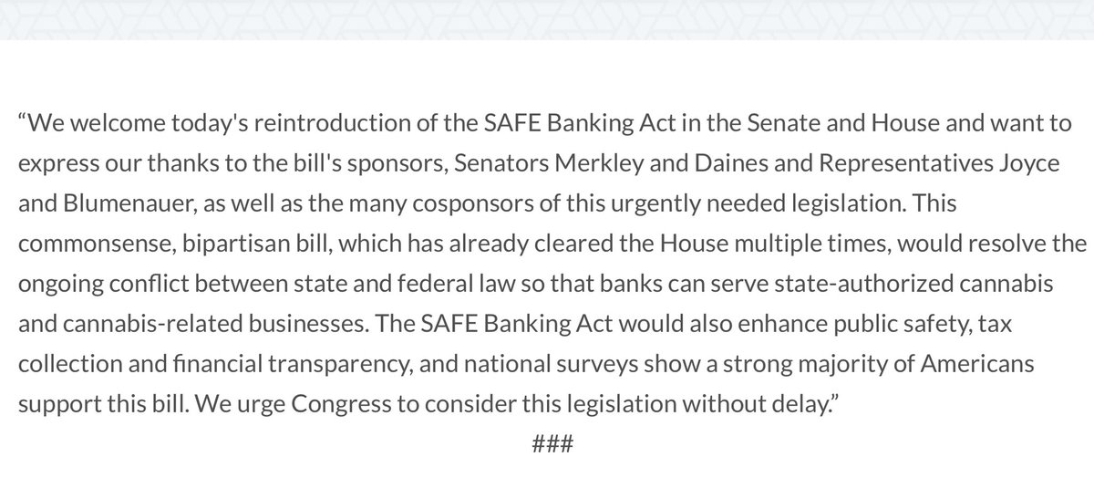ABABankers's tweet image. “We welcome today's reintroduction of the #SAFEBanking Act in the Senate &amp;amp; House and want to express our thanks to the bill's sponsors @SenJeffMerkley, Sen @SteveDaines, @RepDaveJoyce, and @repblumenauer, as well as the many cosponsors.” New ABA statement: aba.social/3oNKP23