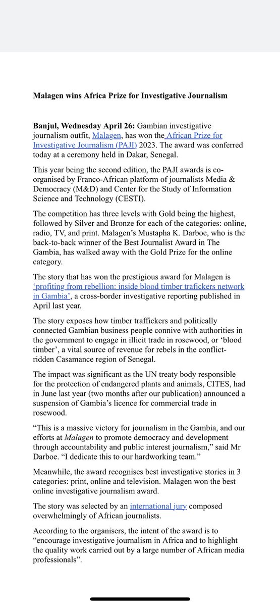 umarwally's tweet photo. @MalagenGambia  wins Africa Prize for Investigative Journalism https://t.co/ZDiNKMrG4o