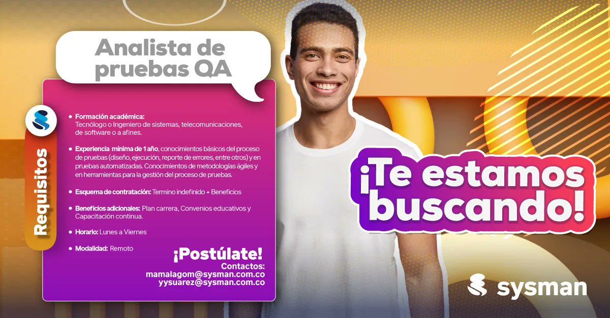 Sysman_Software's tweet photo. En Sysman queremos que seas parte de nuestro equipo 🕺 💃 ¿te identificas con este perfil profesional? no dudes en contactarnos.

https://t.co/VOKPR0xYLA 

#analista #desarrollador #lider #fabrica #software #convocatorias #TrabajoSiHay #Postulate #sysmanweb #tecnologia #nuevo https://t.co/02nStsvUa1