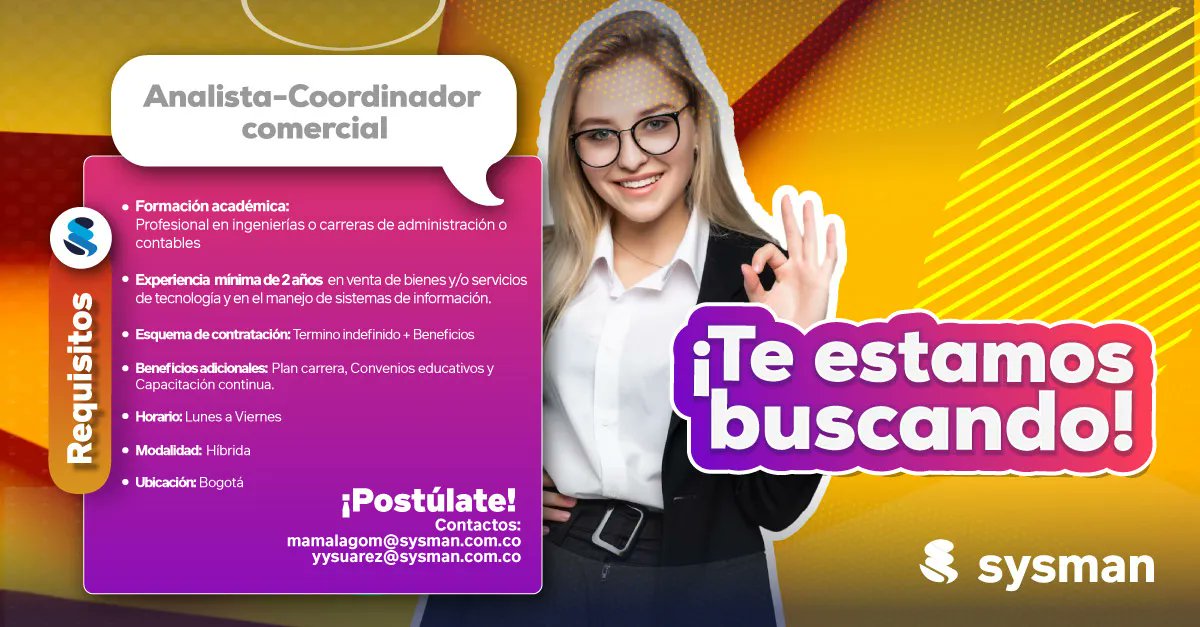 Sysman_Software's tweet photo. En Sysman queremos que seas parte de nuestro equipo 🕺 💃 ¿te identificas con este perfil profesional? no dudes en contactarnos.

https://t.co/VOKPR0xYLA 

#analista #desarrollador #lider #fabrica #software #convocatorias #TrabajoSiHay #Postulate #sysmanweb #tecnologia #nuevo https://t.co/02nStsvUa1