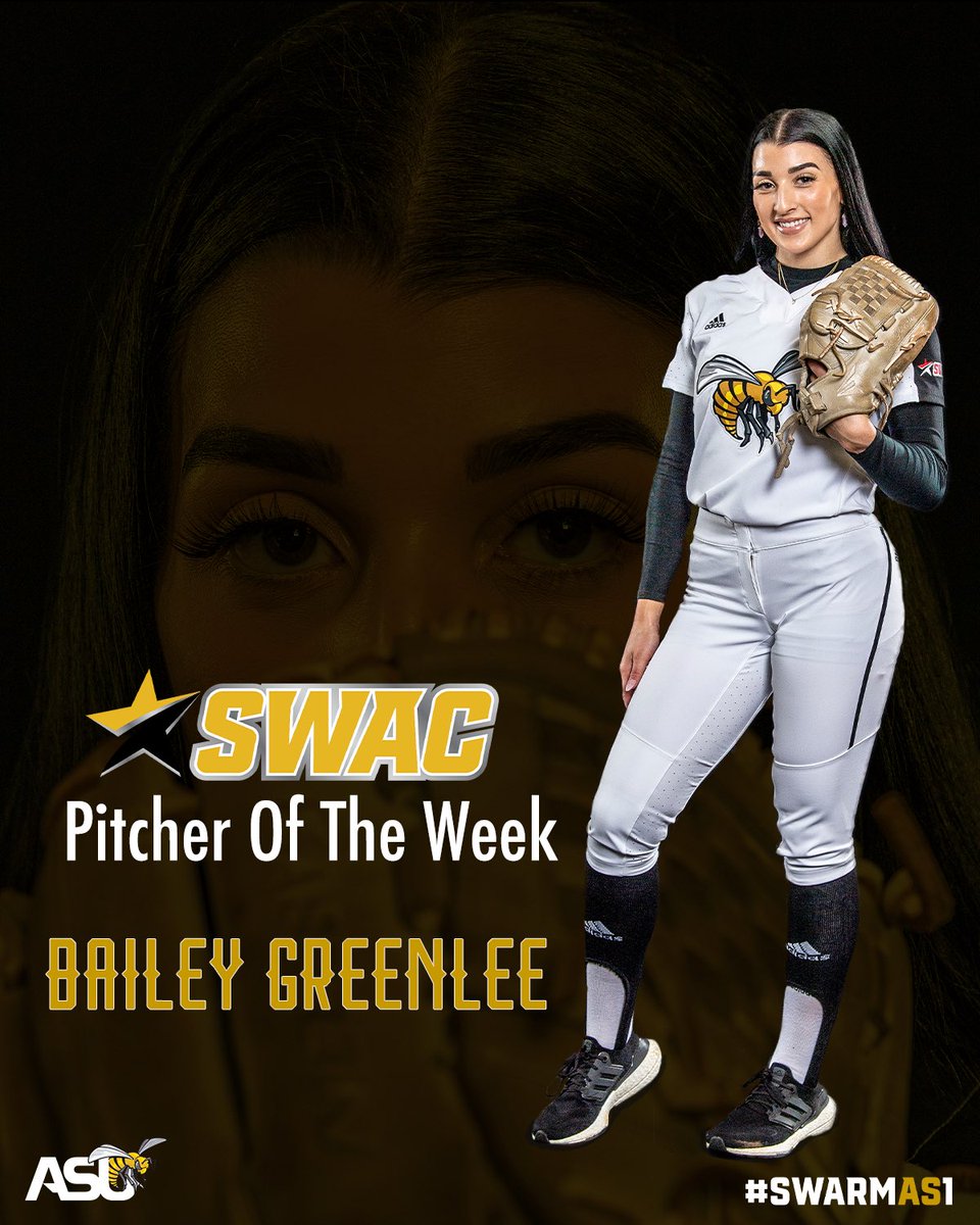 BamaStateSports's tweet photo. Congratulations to @BamaStateSB pitcher Bailey Greenlee on being this week’s @theswac Pitcher of the Week! 🥳

#IAMSWAC | #SWARMAS1 https://t.co/fgBGnH1fmR