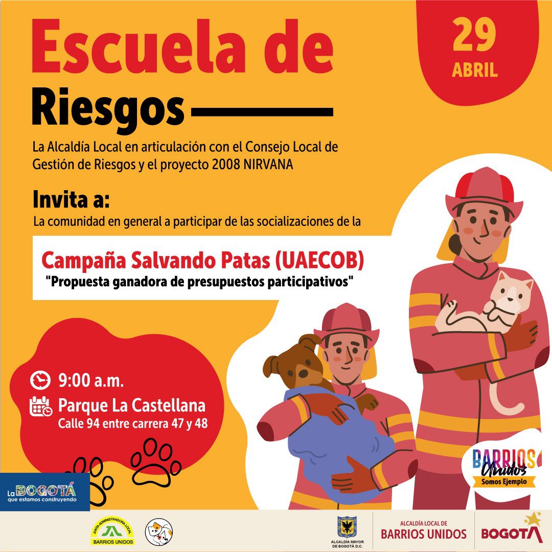 AlcaldiaBunidos's tweet photo. #DeTuInterés ✅ | ¡Llega una nueva Escuela de Gestión de Riesgo! 🔝

Acompáñanos este 29 de abril en el Parque La Castellana a partir de las 9:00 a.m.⏰, en la socialización de la campaña #SalvandoPatas 🐾. 

¡Invita a tu familia y amigos! 👨‍👩‍👦‍👦👨‍👩‍👧‍👧

#BarriosUnidosSomosEjemplo❤💛 https://t.co/OPCQmqsbpf