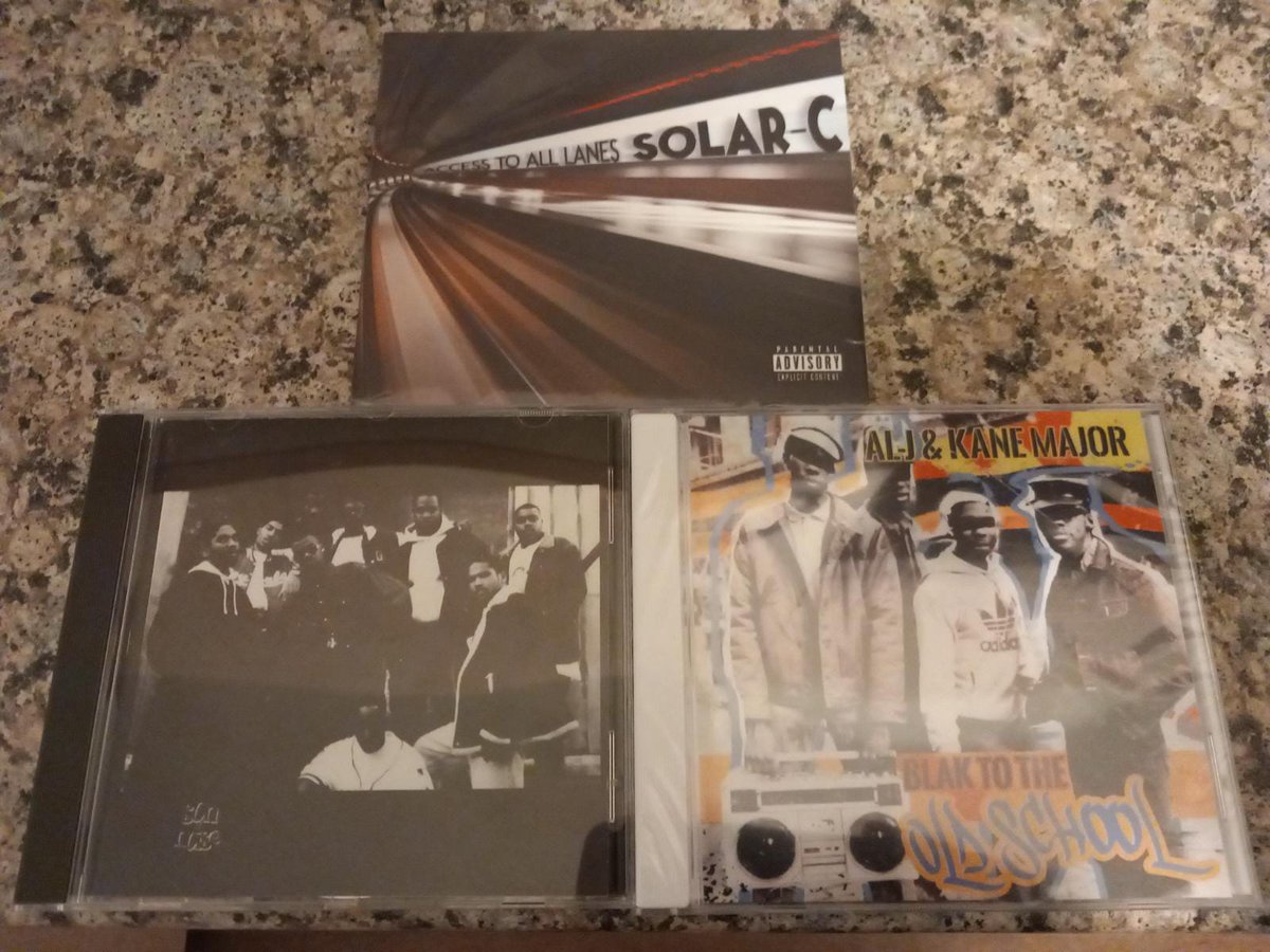 BigBongoDong's tweet photo. Today in the mail: 3 totally different styles of Hip Hop. 1st off is #SolarC with his very dope modern boom bap album "Access To All Lanes" with a little sniff of jazziness in it. Second is the Britcore Grail from #SonOfNoise called "The Mighty Son of Noise." If you like those hard-ass Britcore beats, you should try and get this! Last but certainly not least, the dope ass @blakmadeen's Al-J and @kanemajor1 throwback to the 80s "Blak to the Old School." Also highly recommended. This should see a Vinyl release for very sure...