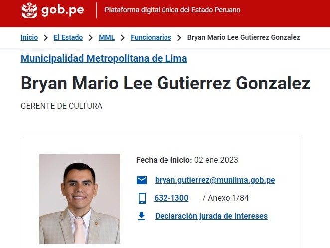VigilaPE's tweet photo. #CulturaEnPeligro El 1 de enero de 2023, mediante Resolución Municipal se designó a #BryanGutierrez, como GERENTE DE CULTURA; a quien nadie conoce, ya que las atribuciones del puesto se las toma #MiguelMolinari ¿Quién supervisa el #PuestoFantasma? ¿Les sobra la plata? https://t.co/cAx14rIysY