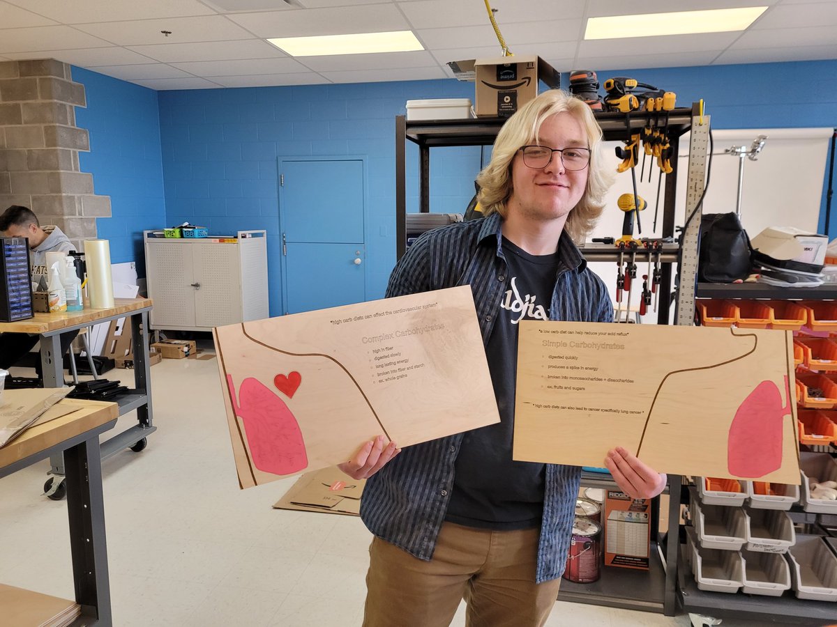 KayoeStewart's tweet photo. @wilmilner's #Nutrition classes have been busy collaborating on interactive panels describing the digestive system using the @glowforge. Now it's assembly time! Can't wait to see the end result! @FHSkats @brilliant_labs https://t.co/GPQ0qqMuGD