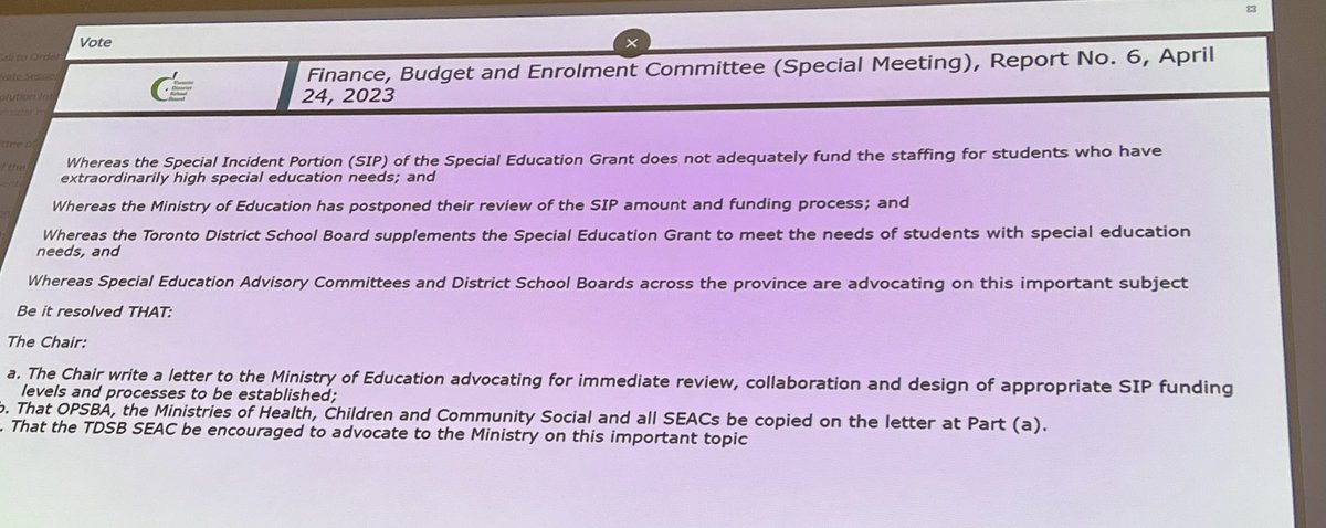 shelleylaskin's tweet photo. @tdsb Just heard staff report on the #GSNs deck that we had at committee found here https://t.co/SVr6NVTNA4 First business arising motion on the floor regarding funding required for students with extraordinarily high special needs (SIP) funding - motion passes https://t.co/Yy8SErsYkr