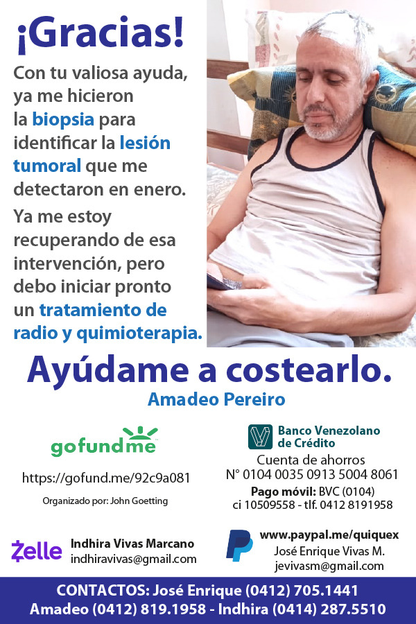nicografico's tweet photo. Amadeo Pereiro, mi querido amigo y compañero de trabajo durante tantos años en el diario El Universal, necesita de nuestra ayuda. Ojalá nos puedan dar una mano en este momento tan complicado. Gracias! https://t.co/yj8QtQT3Fy