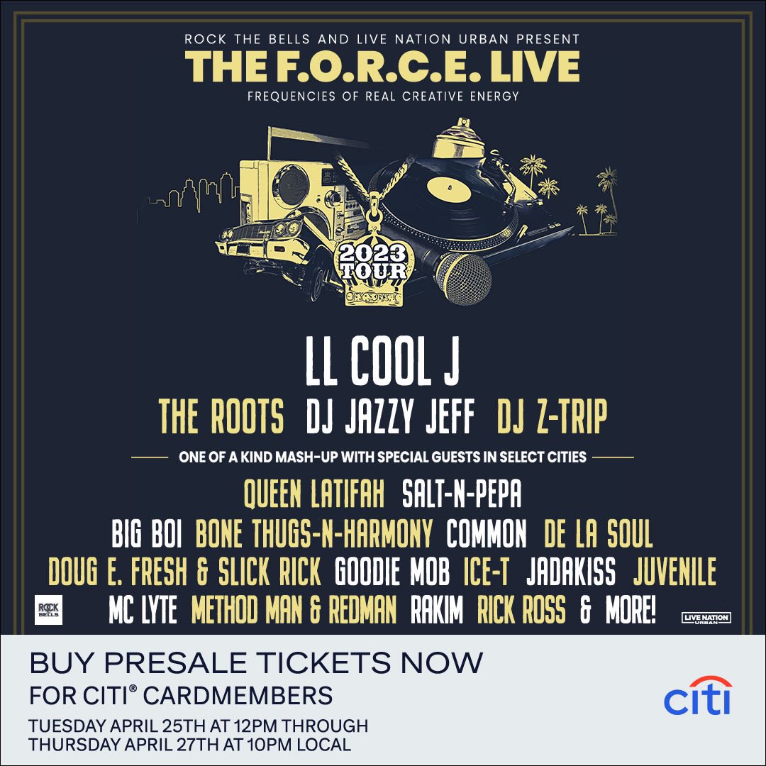 You’re invited to HIP-HOP’s 50th birthday celebration & the ultimate mash up…The F.O.R.C.E. LIVE- General tickets are on sale this Friday but #CitiPresale tickets are available NOW for @Citibank cardmembers! Visit citientertainment.com