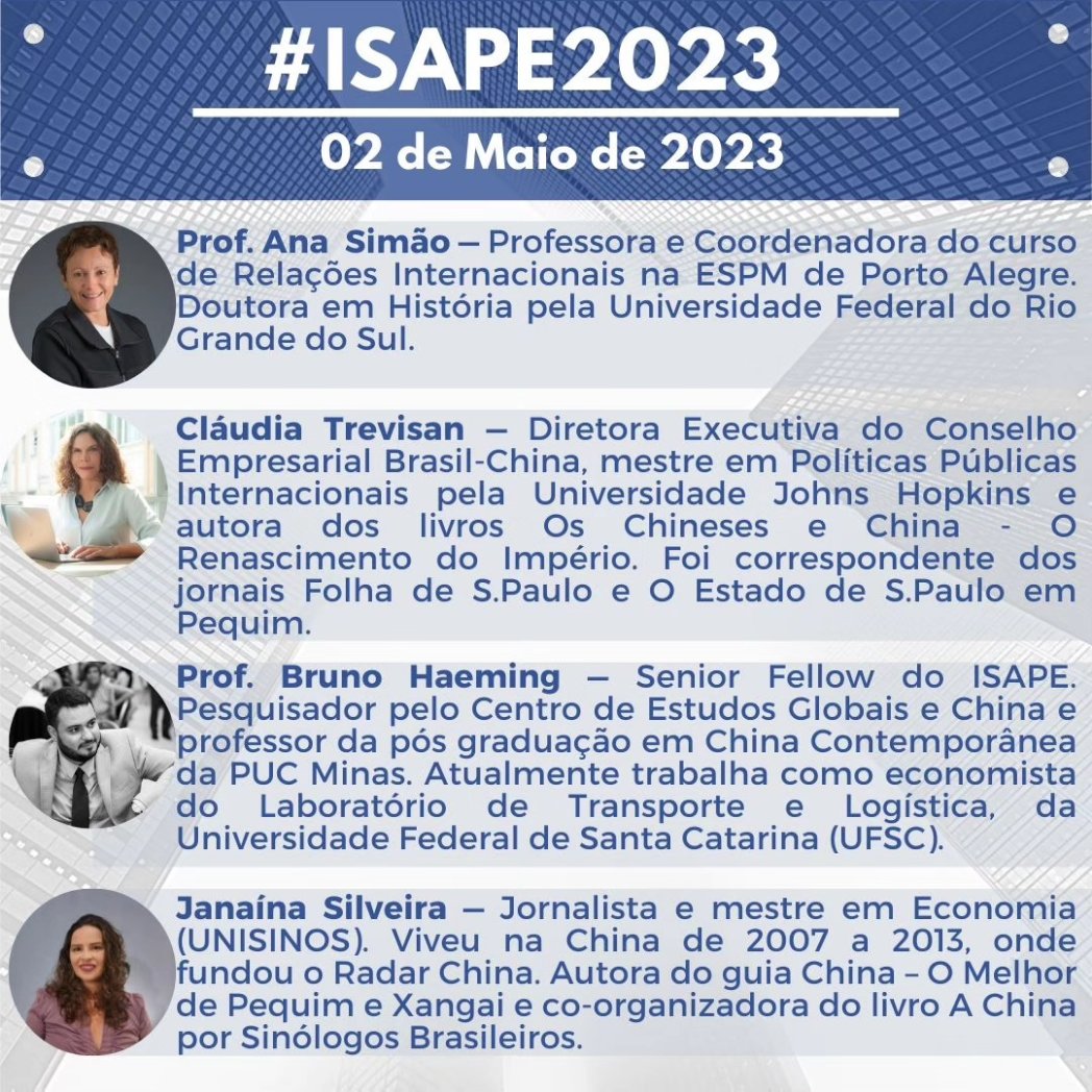 No dia 02 de maio, às 19 horas, teremos a live "O que esperar das relações Brasil-China no governo Lula" com a Prof. Ana Simão (ESPM-POA), <a href="/claudia_trevis/">Cláudia Trevisan</a>, Prof. <a href="/BHaeming/">Bruno Haeming</a> (PUC-MINAS/ISAPE) e <a href="/jana_radarchina/">热娜, Janaína Camara da Silveira 🇧🇷🔎🇨🇳</a> transmissão no canal do YouTube ISAPEoficial. 
Participe e compartilhe!