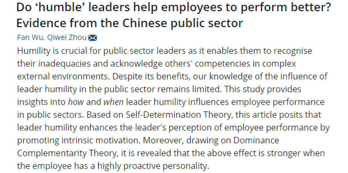 #EarlyView from Wu and Zhou, who examine how (through employee intrinsic motivation) and when (under the condition of high employee proactive personality) leader humility influences employee performance in the public sector.

Read more: doi.org/10.1111/1467-8…