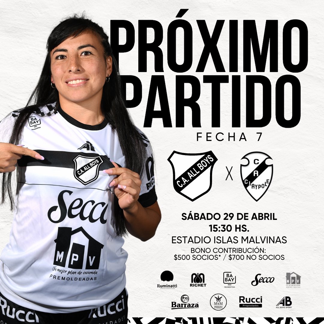 caallboys's tweet photo. 🔶 Fecha 7
🔹 Fase Clasificación - Zona A.
⚽️ #AllBoys 🆚 #Claypole
📆 Sábado 29/4
🕐 15:30 hs.
🏟 Estadio Islas Malvinas
💳 Bono contribución: $500 socios (cuota al día) / $700 no socios.
📌 Ingreso por Puerta 5 (Mercedes 1910).

🤍🖤 #SoyDeAllBoys 🖤🤍 https://t.co/x34cwjEIT5