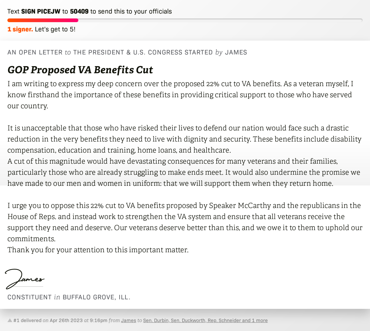 🖋 Sign GOP Proposed VA Benefits Cut and I'll deliver a copy to your officials: twitter.com/messages/compo…  📨 No. 1 is from James to @SenatorDurbin, @SenDuckworth, @RepSchneider and 1 more  #twill #DemolishDisabledPoverty