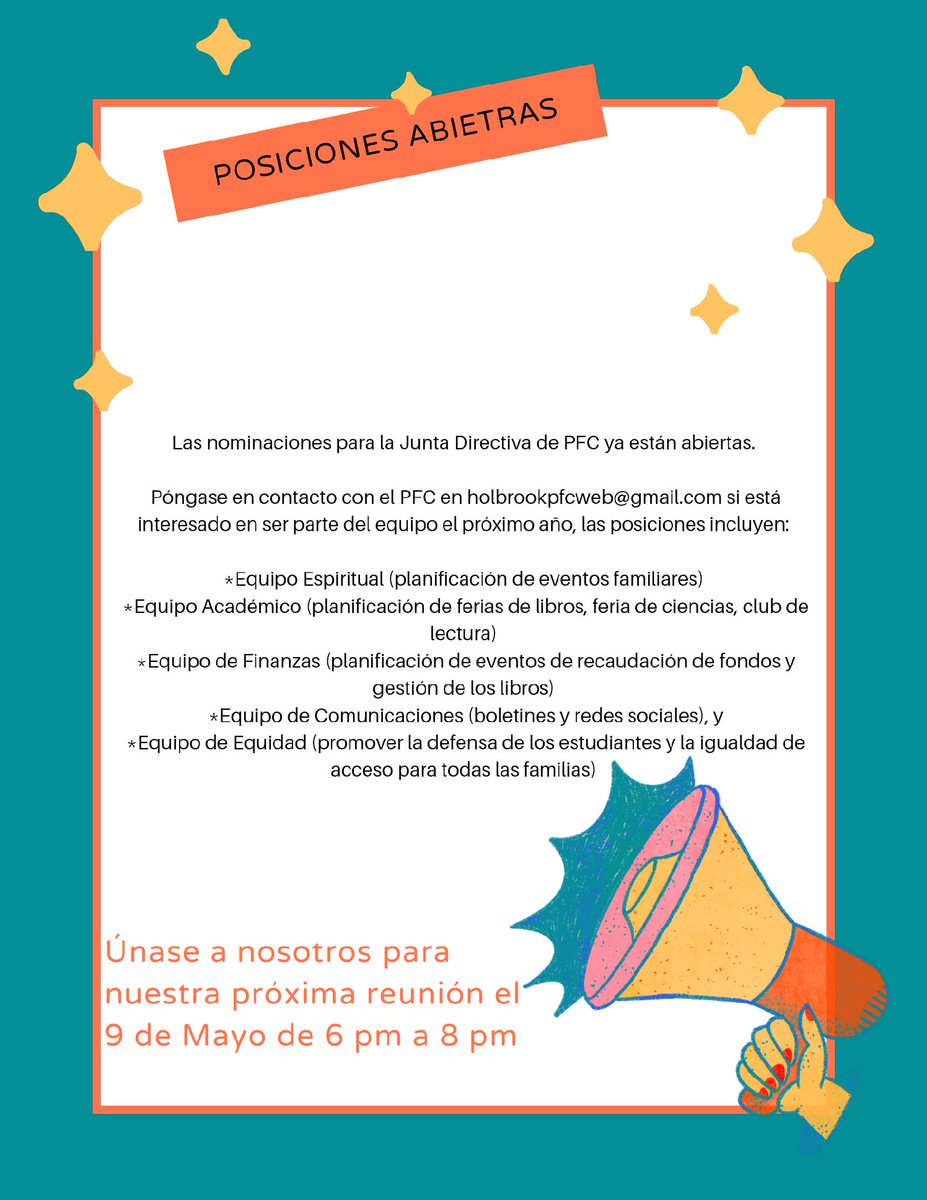 HolbrookPfc's tweet image. Our #HOLAPFC has openings for next school year!!!! Come join our May PFC meeting to learn more about them!!
Open positions info in the flyers !!!
#weareHolbrook
