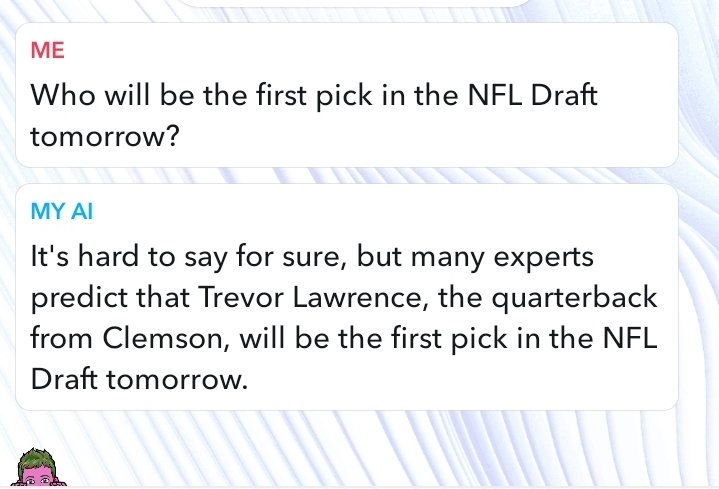 CheckTDown's tweet image. Snapchat AI is leaking #NFLDraft news..... Big if true.....