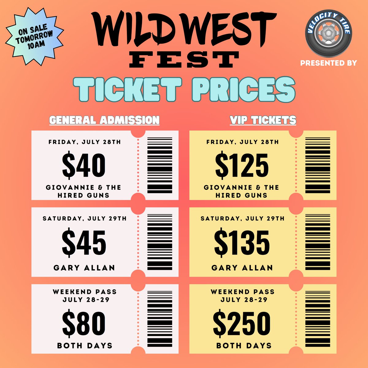 _WildWestFest's tweet photo. ￼🚨🤑TICKET PRICES JUST ANNOUNCED🤑🚨

Don’t forget tickets go on sale tomorrow at 10am! 

You can find pricing and information below! Tickets will be available at https://t.co/RFnLZ3cBj5 

#wildwestfest2023 #WildWestFest https://t.co/oNMqXdNHCD