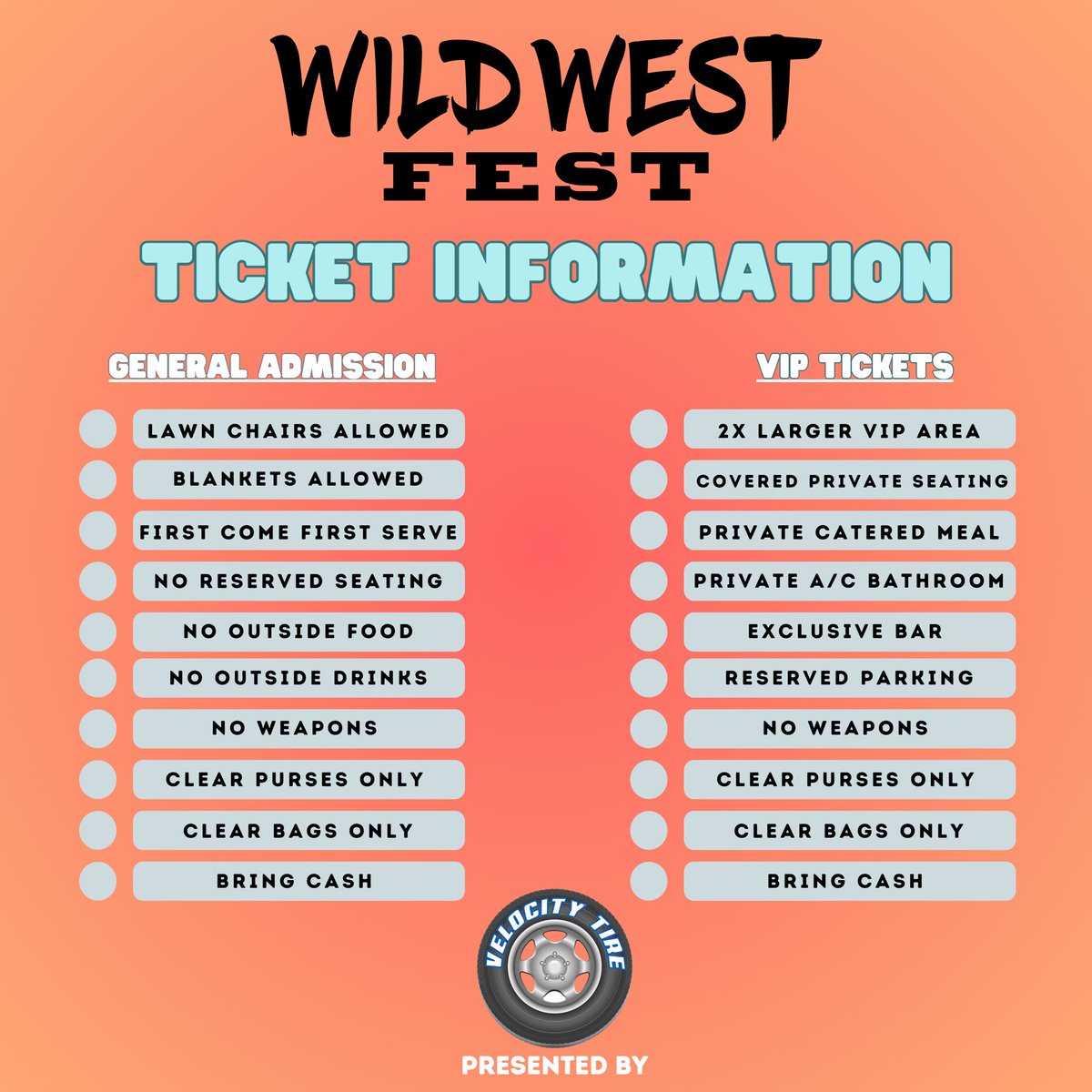 _WildWestFest's tweet photo. ￼🚨🤑TICKET PRICES JUST ANNOUNCED🤑🚨

Don’t forget tickets go on sale tomorrow at 10am! 

You can find pricing and information below! Tickets will be available at https://t.co/RFnLZ3cBj5 

#wildwestfest2023 #WildWestFest https://t.co/oNMqXdNHCD