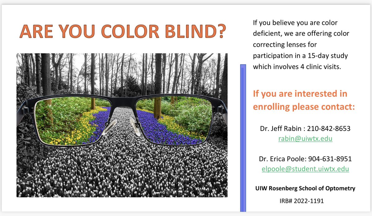 UIWRSO's tweet photo. This registered clinical trial has ONLY 5 SPOTS LEFT! 

If you are interested in participating, and have been diagnosed with a color deficiency, please reach out to Dr. Poole.

Act fast before all spots are gone!! https://t.co/vNZw4tWXls