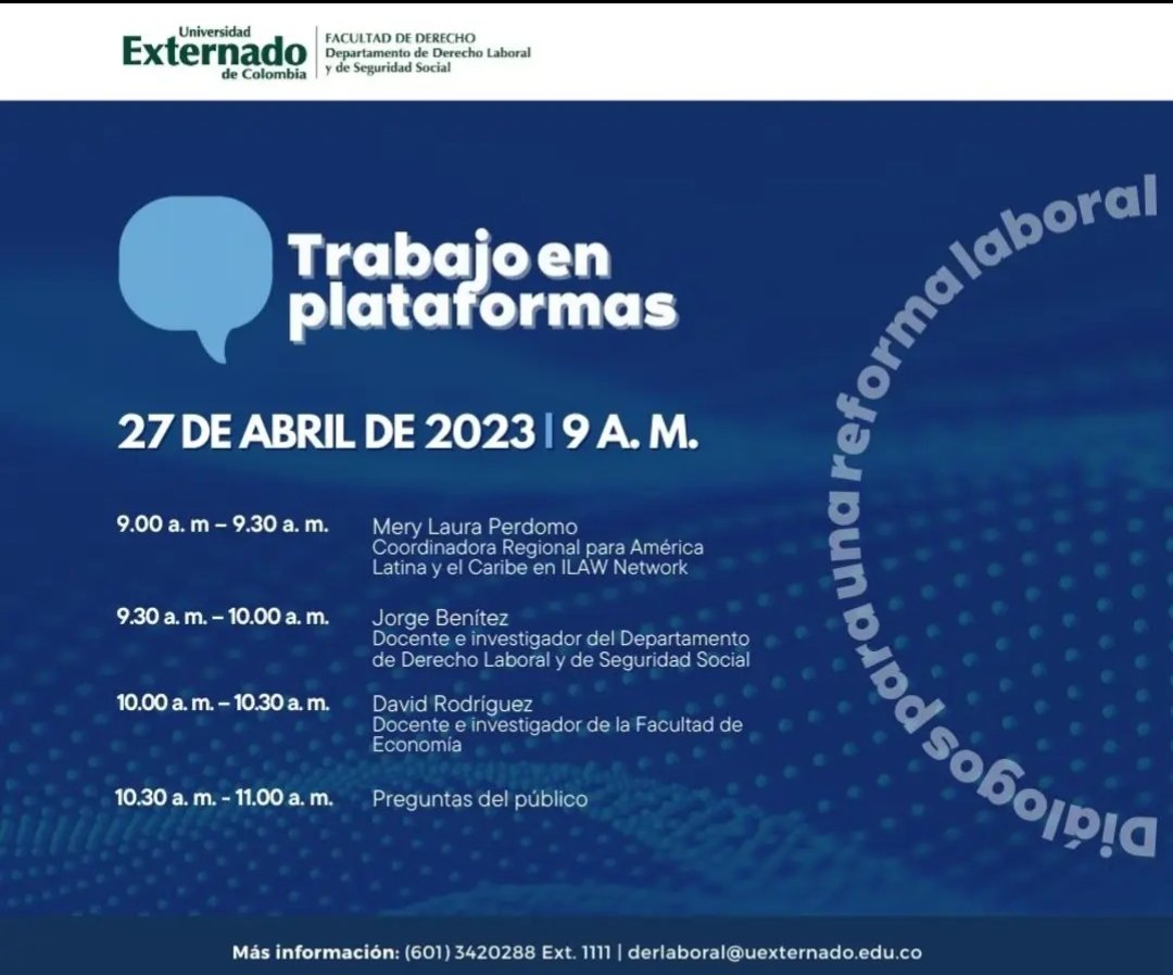 Mañana conversaremos sobre el #TrabajoEnPlataformasDigitales y la #ReformaLaboral por invitación del Dpto de Derecho Laboral de la @UExternado 
🔗facebook.com/search/top?q=d…