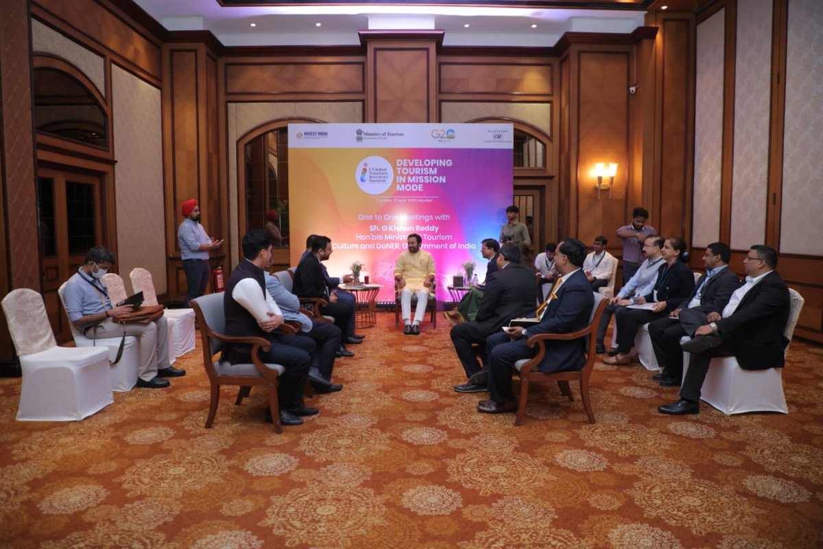 tourismgoi's tweet photo. Next in the series of industry outreach Roadshows, being held in Mumbai on 27th April 2023 to promote #GTIS, Shri G. Kishan Reddy , Hon'ble Minister of Culture, Tourism &amp; DoNER having one to one meetings with hoteliers and key stakeholders in  interconnected sectors.

#GTIS2023 https://t.co/Br3EpzIC7J