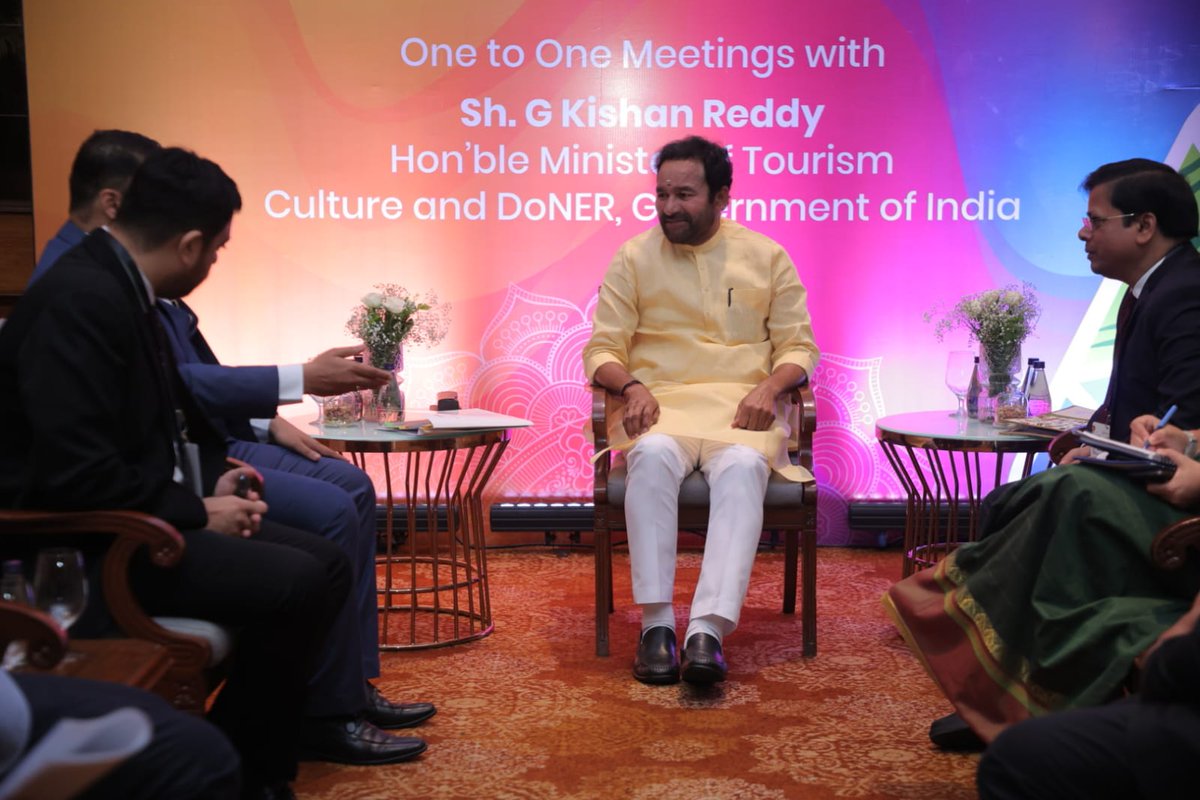 tourismgoi's tweet photo. Next in the series of industry outreach Roadshows, being held in Mumbai on 27th April 2023 to promote #GTIS, Shri G. Kishan Reddy , Hon'ble Minister of Culture, Tourism &amp; DoNER having one to one meetings with hoteliers and key stakeholders in  interconnected sectors.

#GTIS2023 https://t.co/Br3EpzIC7J