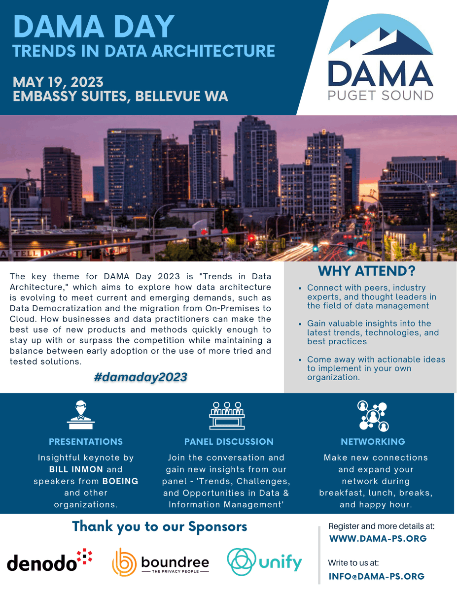 DAMAPugetSound's tweet photo. It's almost here! DAMA Day 2023 is the perfect opportunity to connect with fellow data professionals, learn about new trends, and gain insights to help you succeed. Registration link: https://t.co/0DCq71ewfc #damaday2023 #datamanagement https://t.co/D5iqxumv62