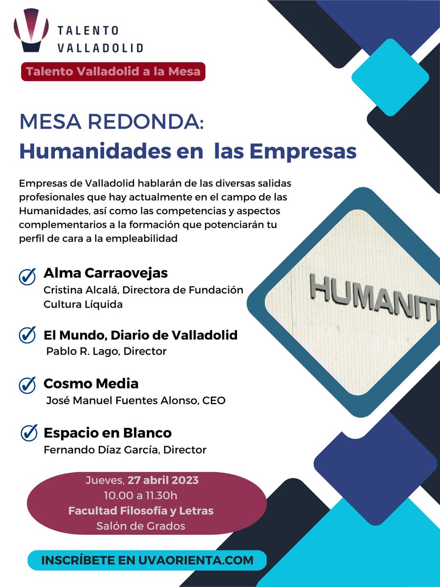CosmoTwitero's tweet photo. Hoy estaremos en la @FyL_UVa para hablar sobre humanidades y proyección empresarial.  ¡Os esperamos! #cosmomedia #periodismo #talentovalladolid @alumniuva @almacarraovejas @elmundoes @espacioenblvall https://t.co/5DmUZK8c9h