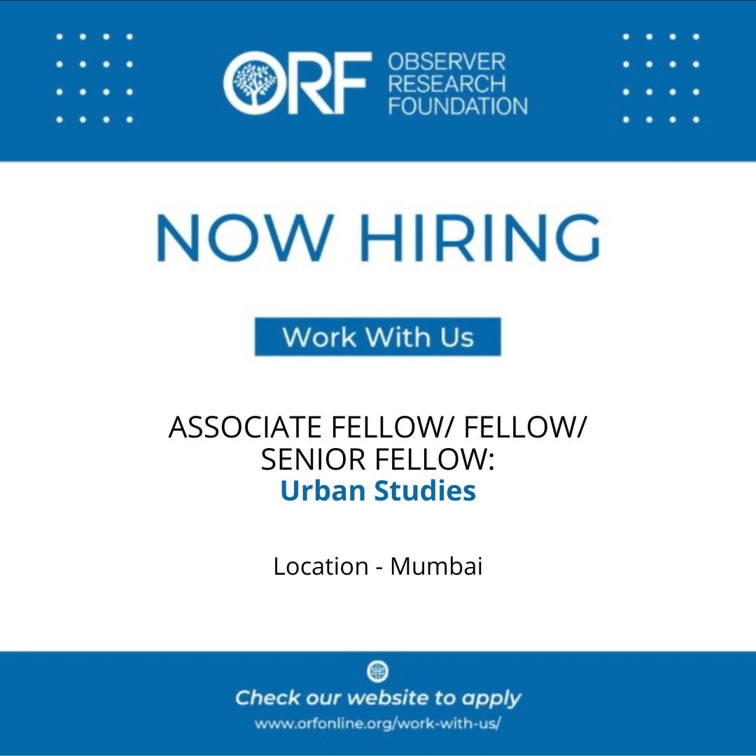 orfonline's tweet photo. We are hiring!
@ORFMumbai is looking to hire an Associate Fellow/Fellow/Senior Fellow for its Urban Studies programme.
Apply NOW!
Click here for more details 👉 https://t.co/hBEbapKuYS
@orfonline #hiringalert #vacancy #jobs #JobAle https://t.co/12LOi6VVuJ