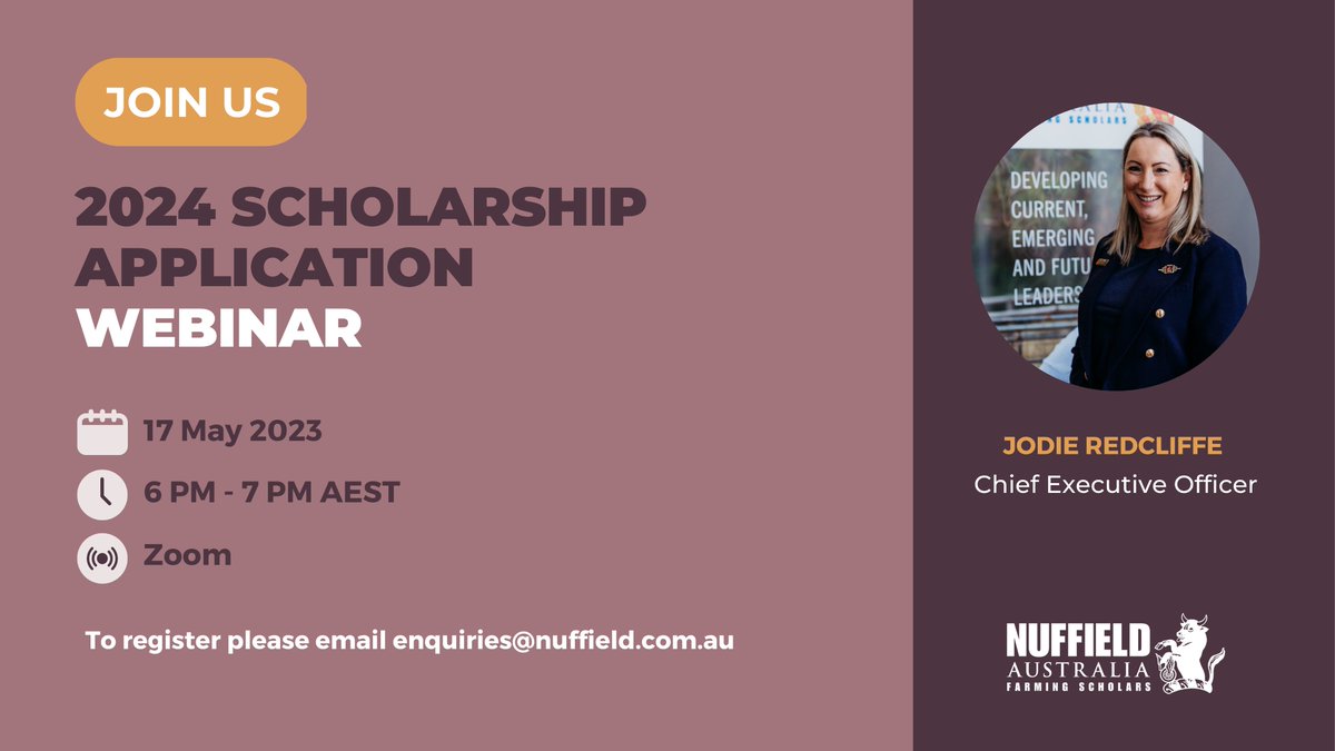 📅Completing an application or just keen to understand Nuffield?
JOIN US for an informal, anonymous info session on 17-May with a presentation by the CEO on the benefits and components of a scholarship, with Q&amp;As.
📨 Register via enquiries@nuffield.com.au 
#ausag #plant23🌍✈️🚐