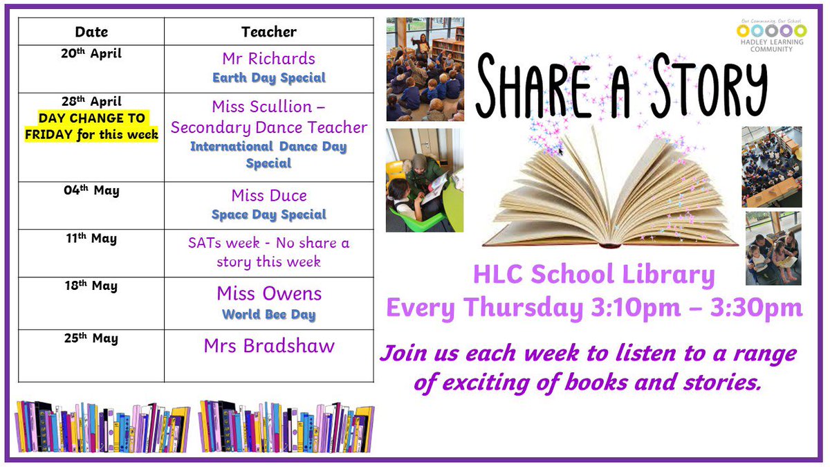 MrsBradshawHLC's tweet photo. A reminder that this weeks Share a Story has moved to Friday @HLC_Primary 📚 We look forward to welcoming Miss Scullion from @HLC_Secondary for our dance special, celebrating International Dance Day (29th April) 🩰 Hope to see you all there: 3.10pm in the School Library ⭐️ https://t.co/PozrKWmFCM