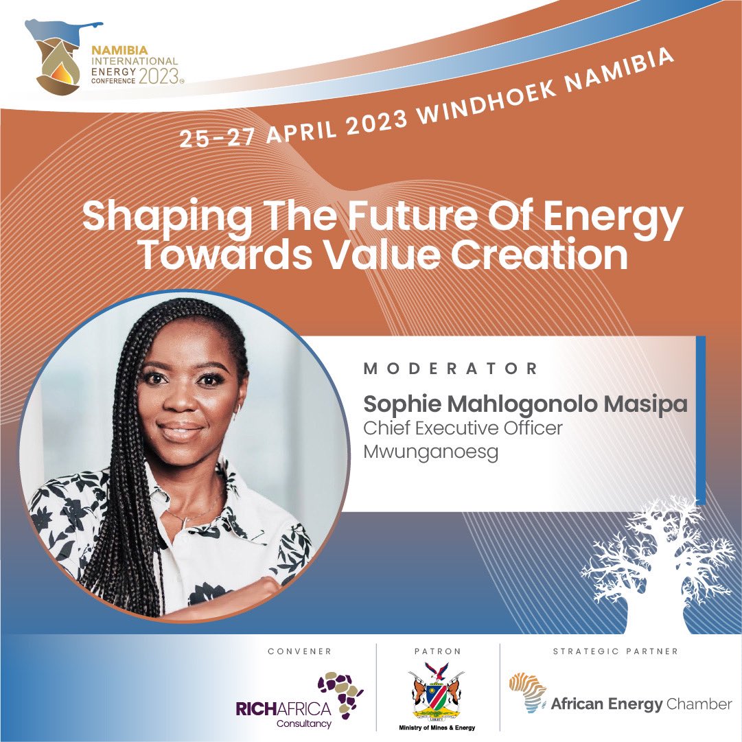 A great day to discuss a topic close to my heart. I am honoured to be speaking at the 5th Namibia International Energy Conference taking place from 25 to 27 April in Windhoek on the panel: 'The Roadmap Towards a Just and Sustainable Energy Transformation.'

#NIEC2023 #energy