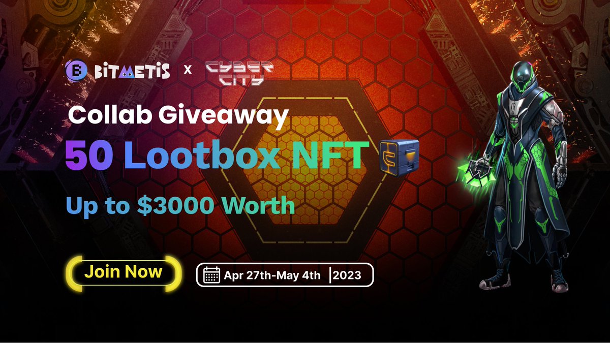 🔥<a href="/BitMetis/">KlapAI (Formerly BitMetis)</a> x <a href="/CyberCityInc/">Cyber City</a> 🔥

🎁We are giving away
50 Cyber City Lootboxes NFT (Up to $3000 Worth) 
👇To Enter
bitmetis.io/bounty-detail/…

You can access to in-game resources that you can use with game release and earn rewards.🤖🐱‍👤

💥About <a href="/CyberCityInc/">Cyber City</a>
CyberCity is a new Open