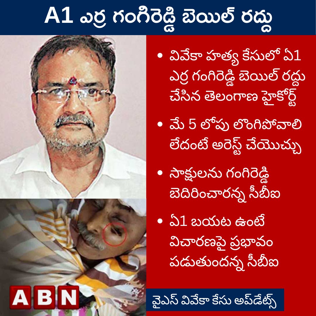 abntelugutv's tweet photo. ఎర్ర గంగిరెడ్డి బెయిర్ రద్దు... మే5 లోపు లొంగిపోకపోతే అరెస్ట్ చేయండన్న తెలంగాణ హైకోర్ట్

#ysvivekacase #ysjagan #ysavinashreddy #yssunitha #erragangireddy #cbi #telanganahighcourt #abnbreaking https://t.co/DDSaWzId9W