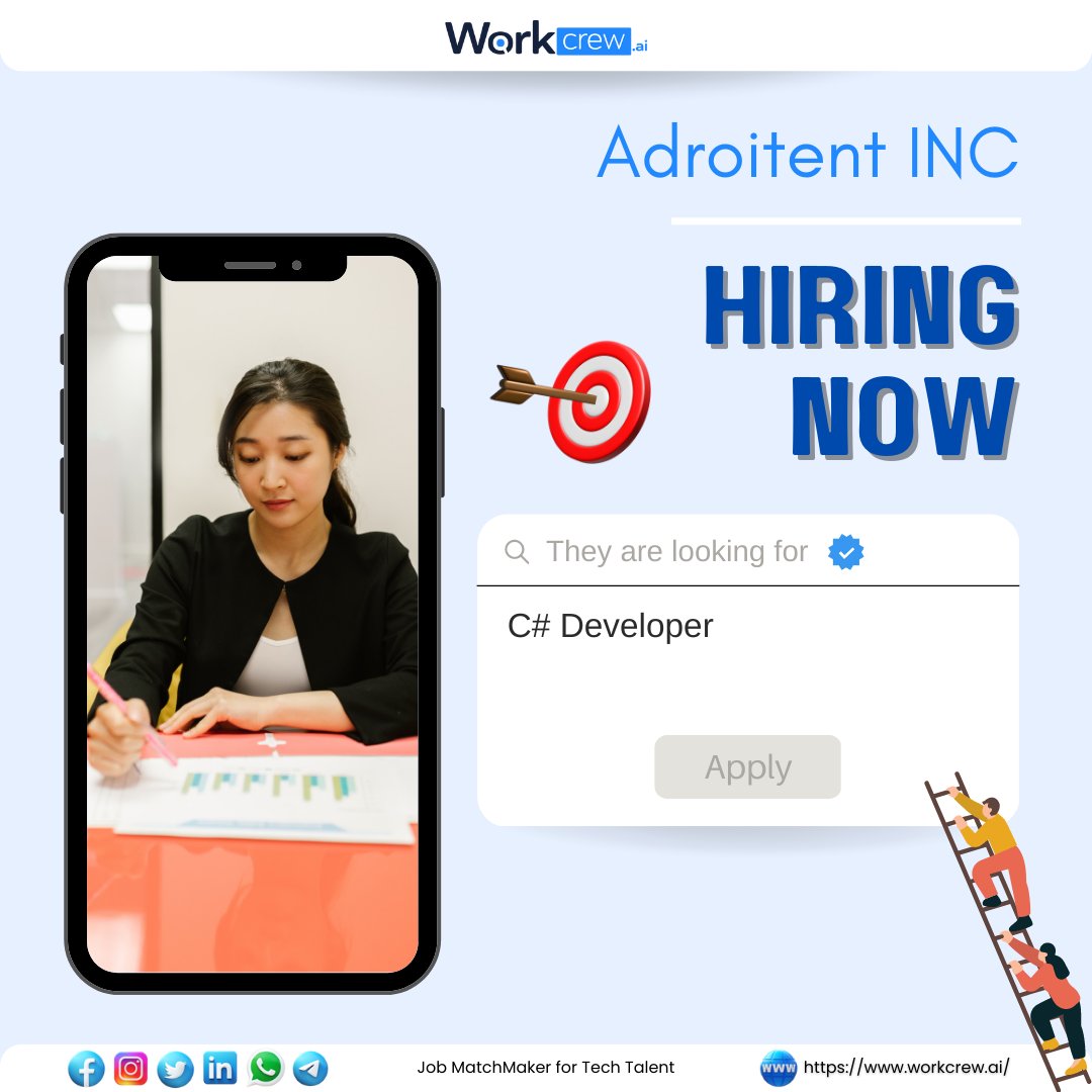 Workcrew_ai's tweet image. 🤝 Hiring on WorkCrew - Job Matchmaker for Tech Talent
🏇 Job Title : C# Developer
🧢 Company: Adroitent INC
✍ Apply for the mentioned job here : workcrew.ai/jobpost/64429f…
#cdeveloper #hiringalert #jobs #hiringnow #hiringimmediately #techcommunity #techjobs #technicaljobs