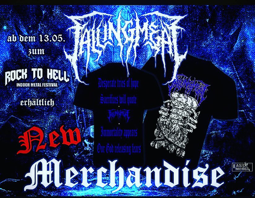 FallingMeat's tweet photo. Hallo Leute,
wir dürfen verkünden,  unser neues Merchandise ist da und bedanken uns in diesem Sinne bei  @eastmerch  und Jarne vom @PartySanOpenAir für die tolle zusammen Arbeit. 
#metal #deathmetal #merchandise #newmerch #rocktohell #eastmerch #metalklamotten #metalkonzert https://t.co/HhvxhoJnw6