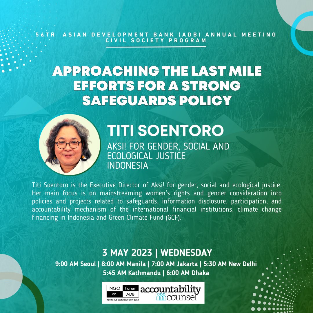 📣 Get to know more about the panellist of the @ADB_HQ CSO Session 'Approaching the Last Mile Efforts for a Strong Safeguards Policy' organized by @AccountCounsel and NGO Forum on ADB ⬇️ ⬇️ ⬇️ #ADBAnnualMeeting #adbincheon #bettersafeguards