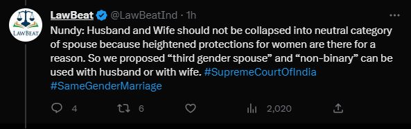 TheAmitLakhani's tweet photo. While most of the arguing counsels for petitioners in #SameSexMarriage propose to replace Man/Woman to Person &amp; Husband/Wife to Spouse in SMA, one of them is not ok with it as it may pave way for other acts to follow suit &amp; make other laws gender neutral.
The house is divided! https://t.co/GhMyjN8lVg