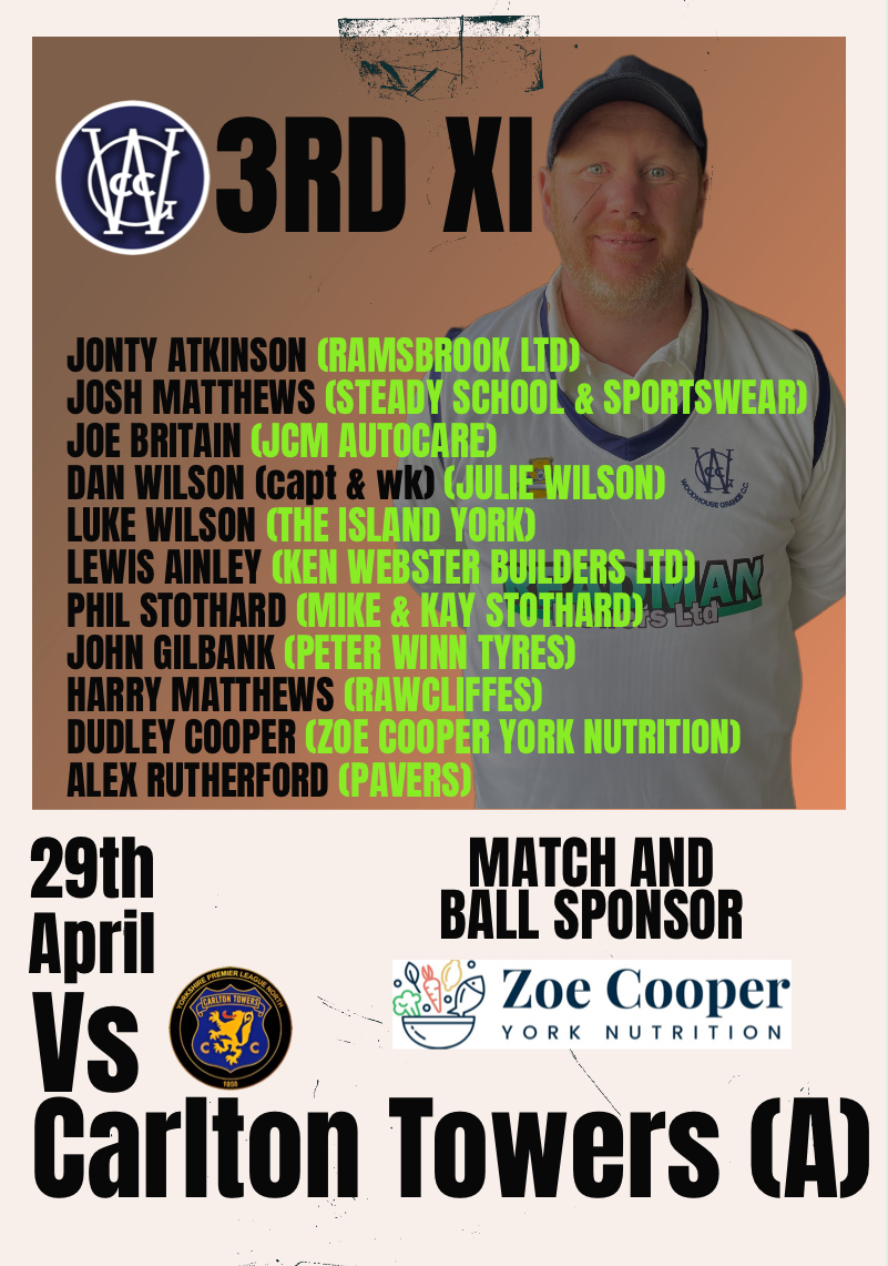 WoodhouseGrange's tweet photo. 🚨 TEAM NEWS FOR 29th APRIL 🚨 
1st team travel to @ScarboroCricket 
2nd team host @BeverleyTCC 
3rd team travel to @carltontowerscc 
4th team host @GooleTownCC 

Thank you to this weekends sponsors 
Zoe Cooper York Nutrition
&amp;
EWB Construction @tedbaty10 https://t.co/HsX0ANkkXO