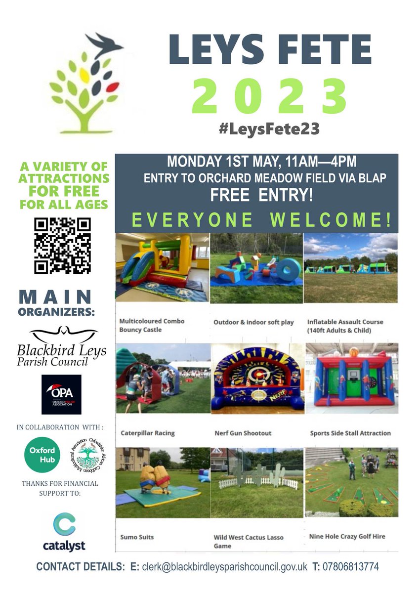 Have a look what you will find on Leys Fete on 1st May (Monday Bank Holiday)👌⬇️
Passt...I tell you secret, that not all what we prepare for you 🤫 
Make sure you take your friends with you 🫶

#LeysFete23 #familytime #freeevent #communication #volunteering #volunteersneeded