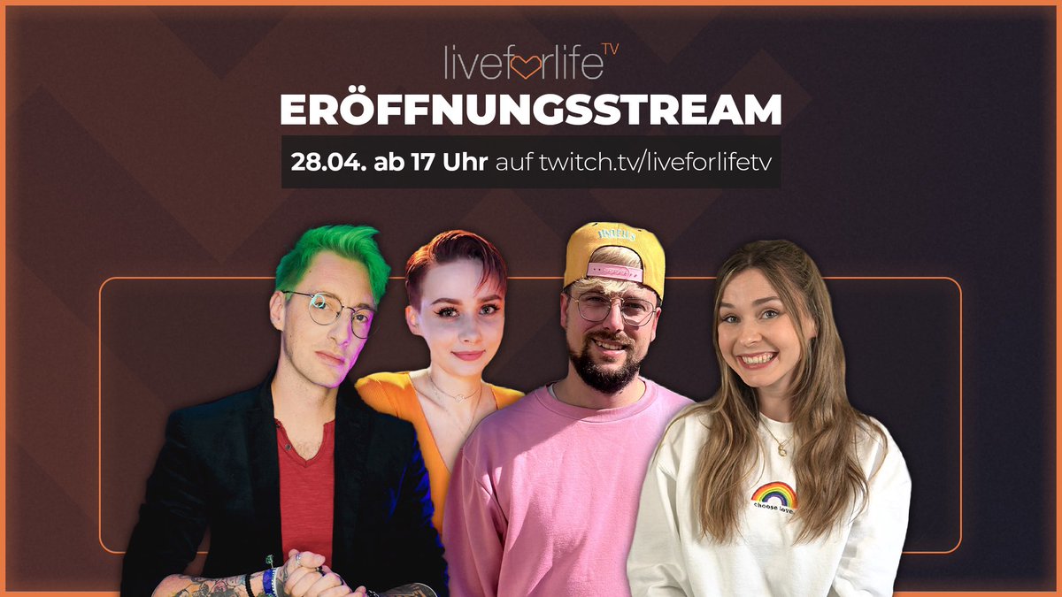 Morgen um 17Uhr startet der Eröffnungsstream unserer 7.Staffel! 🧡

Auch dieses mal haben wir wieder wundervolle Gäste mit dabei!

Freut euch auf einen tollen Abend zusammen mit:

<a href="/Razzortainment/">Razzortainment</a> 
<a href="/nicetya_twitch/">Nicetya</a> 
<a href="/NougatMister/">Mister_Nougat</a> 
<a href="/Ninsi_xx/">s i m f i n i t y ✨</a> 

#L4LStaffel7 #LiveForLifeTV #Danke