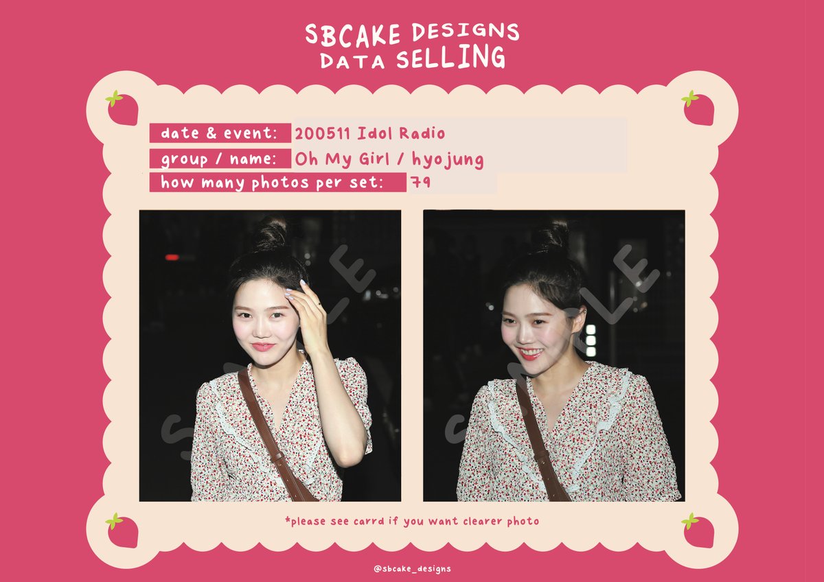 sbcake_designs's tweet photo. ↷ Data Sale! #OHMYGIRL ↶

➸ 200502 Show! Music Core Off Work
#Mimi (30 SGD / USD)
#Jiho (40 SGD / USD)

➸ 200511 Idol Radio
#Hyojung (45 SGD / USD)

!! all for 100 SGD / USD !!

⤷  https://t.co/aHHt4mkPz1

#데이터 #대리찍사 #댈찍 #데이터 #DATA #오마이걸 #효정 #미미 #지호 https://t.co/2Z176Cr4EI