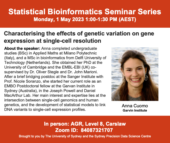 Sydney Precision Data Science Centre (@sydneybioinfo) on Twitter photo Next Monday, hear <a href="/AnnaSECuomo/">Anna Cuomo</a> discuss the challenges in single-cell population genetics. She will present CellRegMap, a statistical framework to map regulatory variants across the continuous manifold of cellular environments estimated from scRNA-seq. Join in person or on Zoom! Next Monday, hear <a href="/AnnaSECuomo/">Anna Cuomo</a> discuss the challenges in single-cell population genetics. She will present CellRegMap, a statistical framework to map regulatory variants across the continuous manifold of cellular environments estimated from scRNA-seq. Join in person or on Zoom!