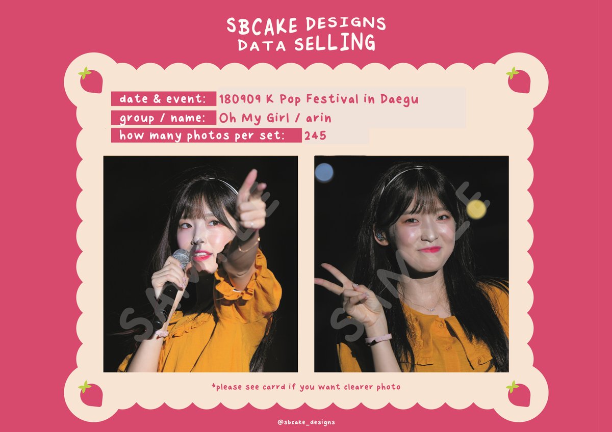 sbcake_designs's tweet photo. ↷ Data Sale! #OHMYGIRL ↶  

➸ 180909 K Pop Festival in Daegu
#Binnie (25 SGD / USD)
#Arin (60 SGD / USD)
#YooA (60 SGD / USD) 

!! all for 120 SGD / USD !!

⤷  https://t.co/aHHt4mkPz1

#데이터 #대리찍사 #댈찍 #데이터 #DATA #오마이걸 #비니 #배유빈 #아린 #최예원 #유아 #유시아 https://t.co/oModgPxrbF