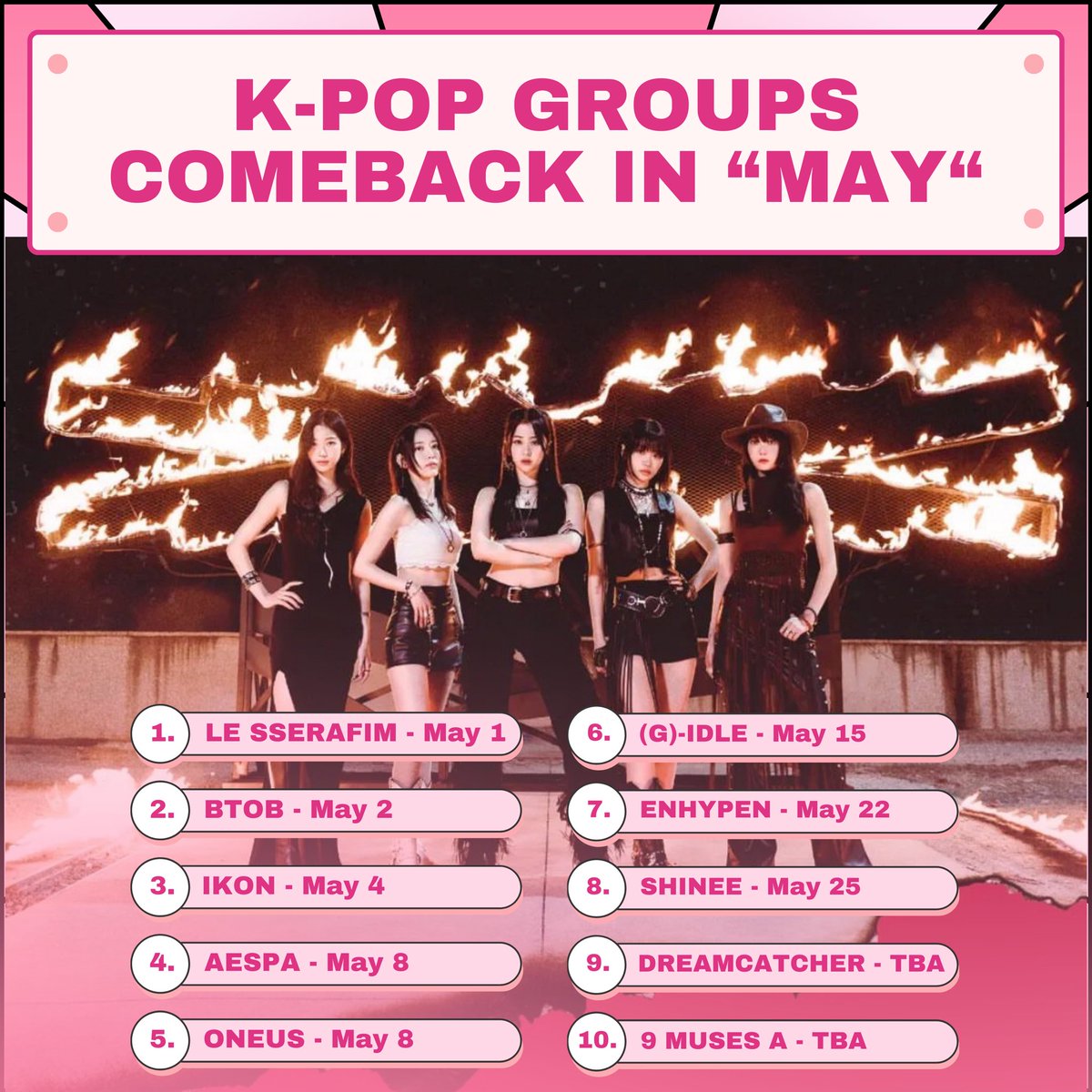 mhwarehouse's tweet photo. [MAY 2023 GROUPS COMEBACK LINEUP (and more...)]
Who’s exited? 🙋‍♀️🙋

lesserafim aespa ikon btob oneus gidle enhypen shinee dreamcatcher comeback kpop 
#mhwarehouse #warehouseservice #koreanwarehouse #kpopwarehouse https://t.co/xD1FLnd0rc