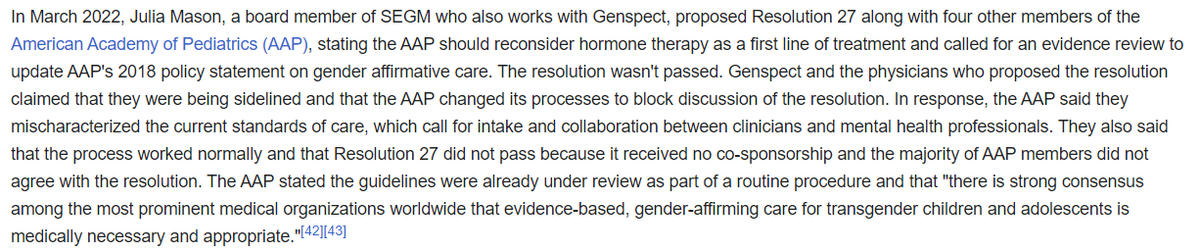 JuiceACD's tweet photo. @FadeVanity I would recommend not to put too much trust in this source. I looked at the wikipedia page of the organization that created this site (Genspect). Their positions on gender affirming care contradict the medical consensus. Here's a few screenshots of relevant paragraphs: https://t.co/JxMre9JA5u