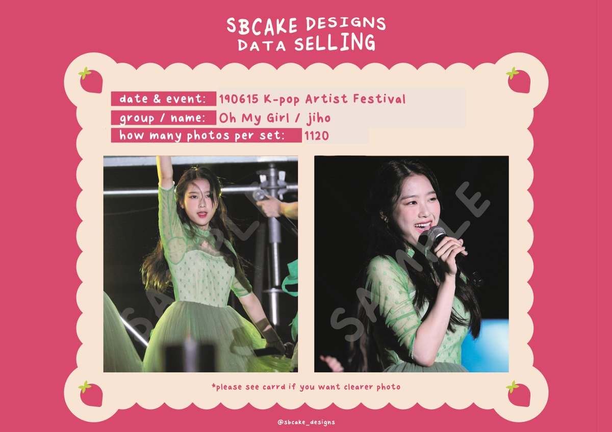 sbcake_designs's tweet photo. ↷ Data Sale! #OHMYGIRL ↶  

➸ 190615 K-pop Artist Festival (120 SGD / USD)  

⤷  https://t.co/aHHt4mkPz1 

#데이터 #대리찍사 #댈찍 #데이터 #DATA #오마이걸 #지호 #Jiho #김지호 https://t.co/viZVuZn4n6