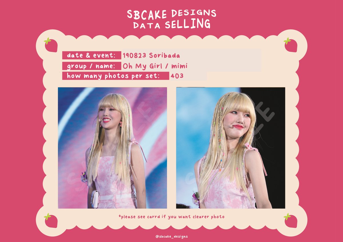 sbcake_designs's tweet photo. ↷ Data Sale! #OHMYGIRL ↶  

➸ 190823 Soribada 
#Arin (70 SGD / USD)
#Jiho (70 SGD / USD)
#Mimi (50 SGD / USD)

!! all for 170 SGD / USD !!

⤷  https://t.co/aHHt4mkPz1 

#데이터 #대리찍사 #댈찍 #데이터 #DATA #오마이걸 #지호 #Jiho #김지호 #미미 #Mimi #김미현 #아린 #Arin #최예원 https://t.co/YSPEgvCYuI