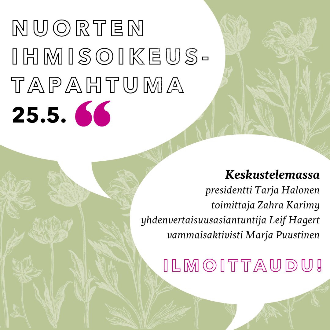 Ihmisoikeuskeskuksen nuorten ohjelma järjestää 25.5. nuorten ihmisoikeustapahtuman Helsingissä.

Päivän aikana inspiroidutaan eri ihmisoikeuskysymyksiin pureutuvista alustuksista ja pohditaan nuorten viestiä päättäjille. Lue lisää ja ilmoittaudu:
ihmisoikeuskeskus.fi/uutiset/nuorte…
