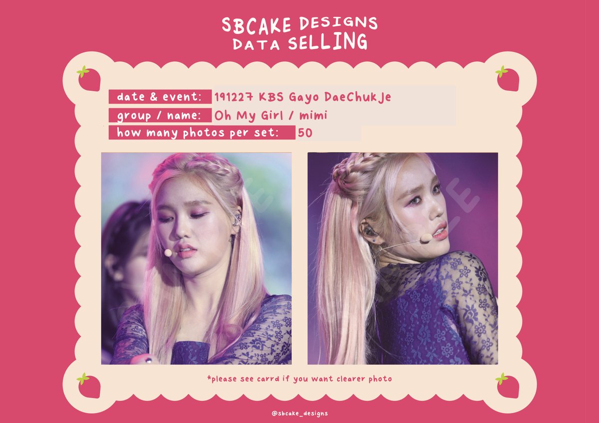 sbcake_designs's tweet photo. ↷ Data Sale! #OHMYGIRL ↶  

➸ 191227 KBS Gayo DaeChukJe 
#Mimi (20 SGD / USD) 
#Yooa (35 SGD / USD)  

!! both for 45 SGD / USD !!

⤷  https://t.co/aHHt4mkPz1 

#데이터 #대리찍사 #댈찍 #데이터 #DATA #오마이걸 #미미 #Mimi #김미현 #유아 #Yooa #유시아 https://t.co/uasc6OPvRh